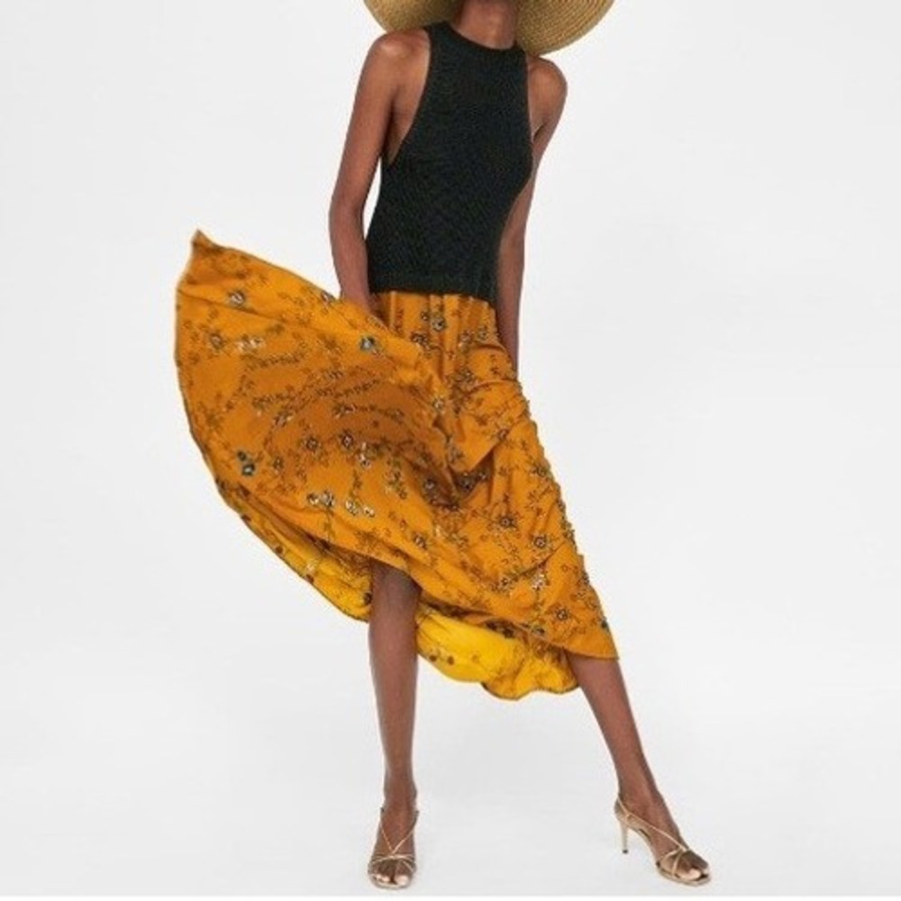 Zara Knit Maxi Dress Grey Open Weave Sweater Top Beaded Floral Mustard Yellow M